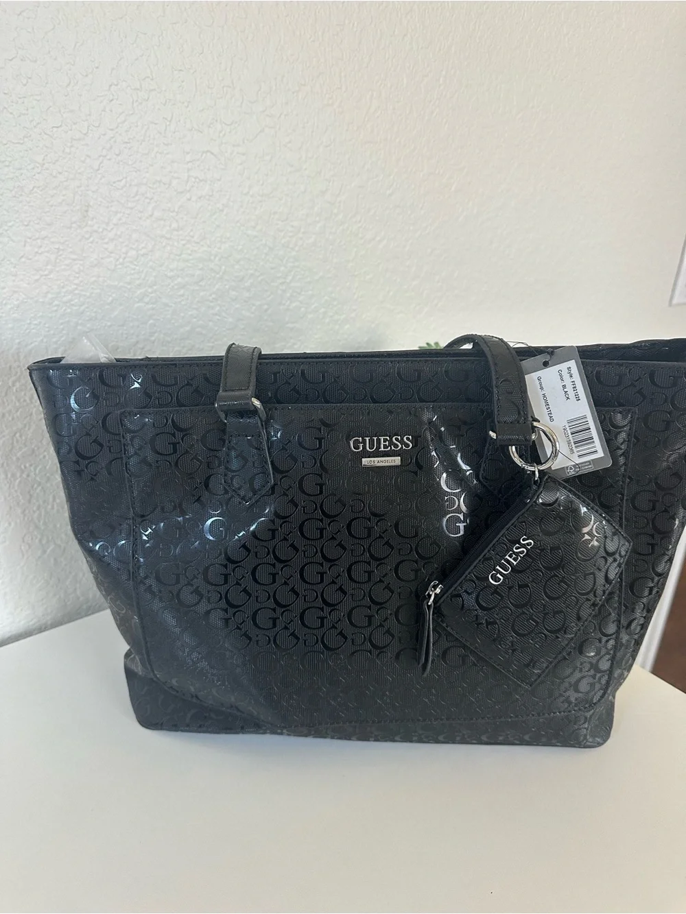 GUESS Black Patent Logo Tote with Removable Coin Pouch